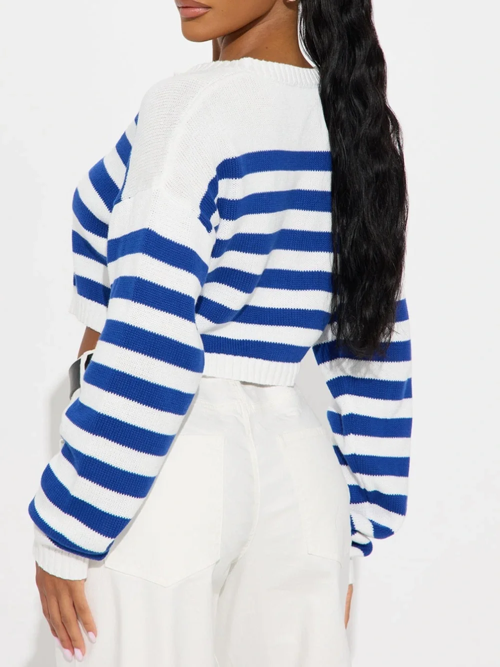 Fashion Nova Blue and White Striped Cropped Cardigan - Picture 3 of 3
